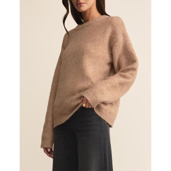 Women's Khaki Oversized Fuzzy Knit Sweater - Cozy Casual Layering Pullover - Picture 3 of 6